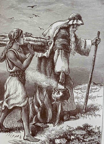 Abraham and Isaac on the way to Mt. Moriah.